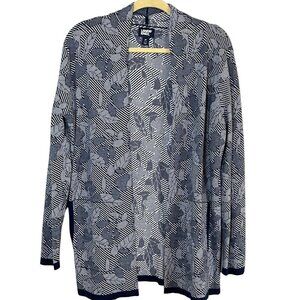Lands End Coastal Floral Sweater M Blue Cardigan Striped Old Money Classic Artsy